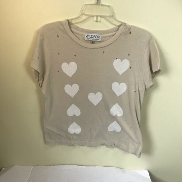 Wildfox Cotton Hearts Graphic Distressed Short Sleeve Tee Crop Soft Stretch Top - Picture 2 of 13